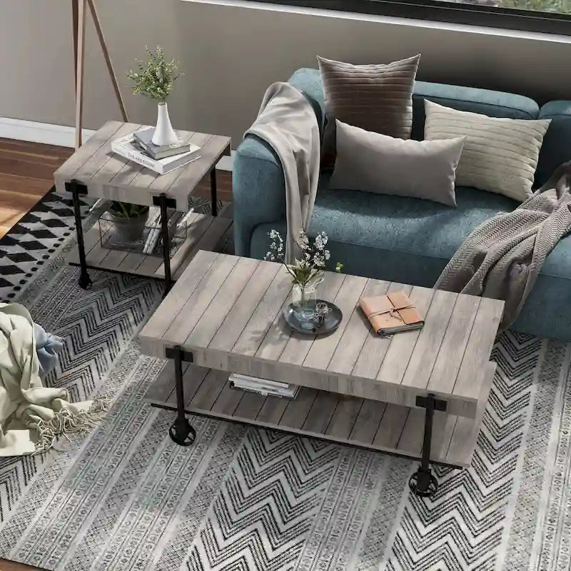 Hyssop Farmhouse Steel 2-Piece Coffee Table Set with Shelf by