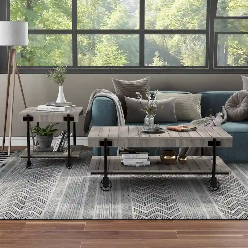 Hyssop Farmhouse Steel 2-Piece Coffee Table Set with Shelf by