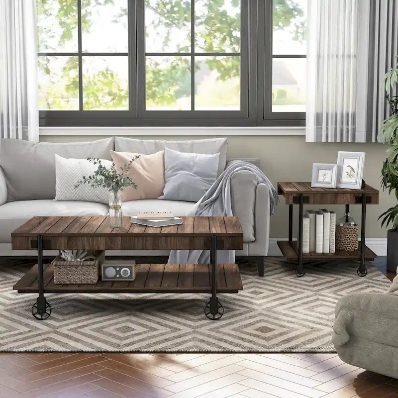 Hyssop Farmhouse Steel 2-Piece Coffee Table Set with Shelf by