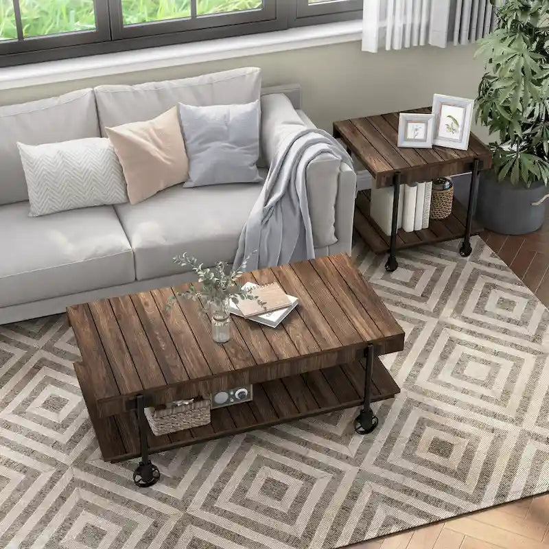 Hyssop Farmhouse Steel 2-Piece Coffee Table Set with Shelf by