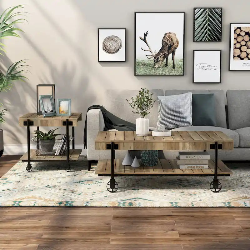 Hyssop Farmhouse Steel 2-Piece Coffee Table Set with Shelf by