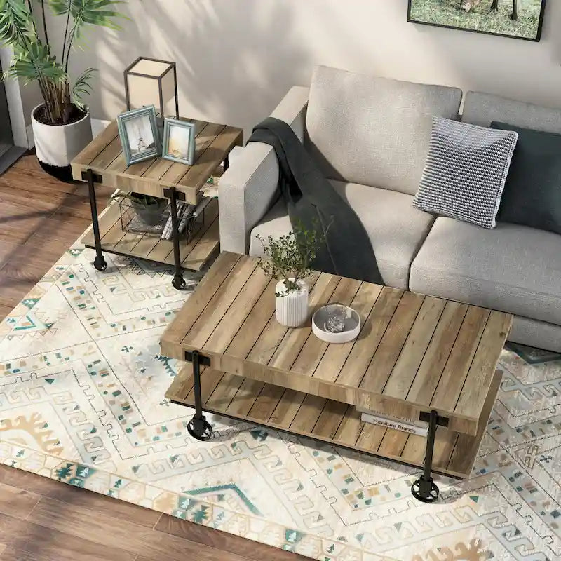Hyssop Farmhouse Steel 2-Piece Coffee Table Set with Shelf by