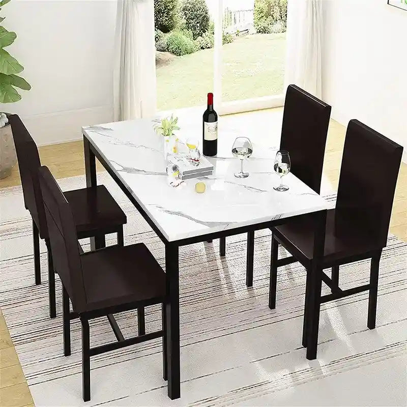 Modern Kitchen Dining Table Set for 4, Faux Marble Dining Set with 4 PU Leather Upholstered Chairs for Living Room, Kitchen