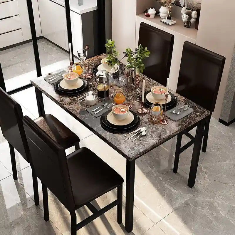 Modern Kitchen Dining Table Set for 4, Faux Marble Dining Set with 4 PU Leather Upholstered Chairs for Living Room, Kitchen