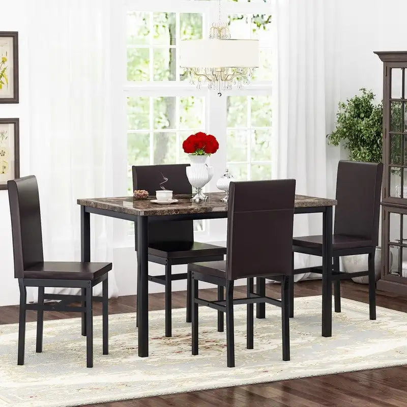 Modern Kitchen Dining Table Set for 4, Faux Marble Dining Set with 4 PU Leather Upholstered Chairs for Living Room, Kitchen