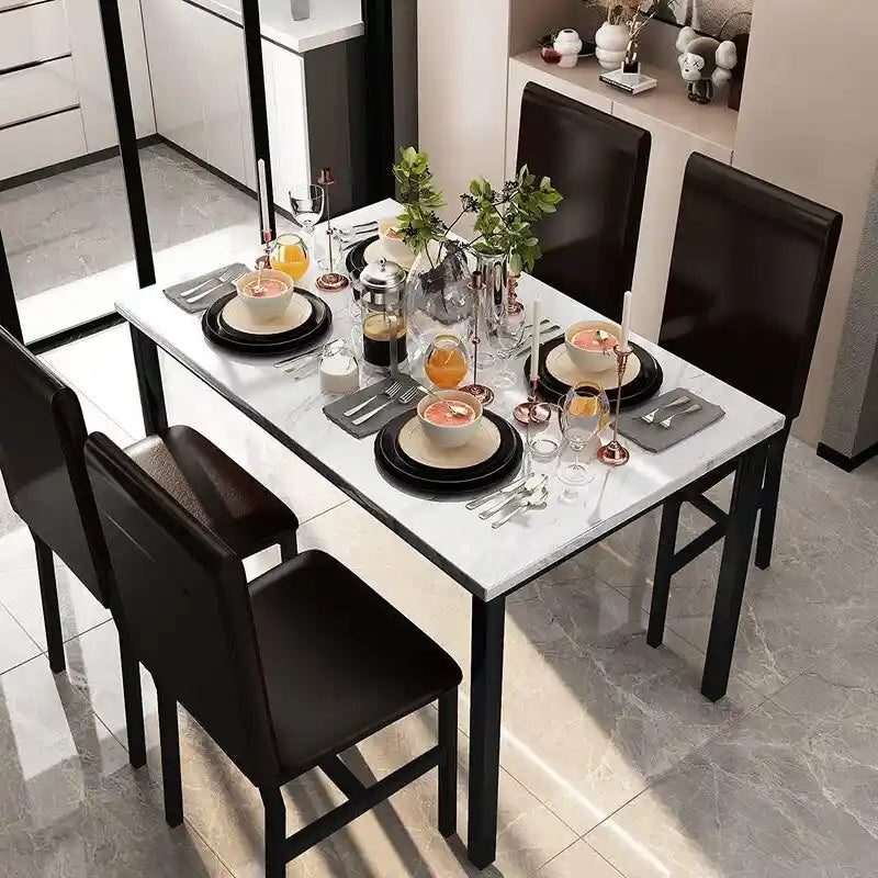 Modern Kitchen Dining Table Set for 4, Faux Marble Dining Set with 4 PU Leather Upholstered Chairs for Living Room, Kitchen