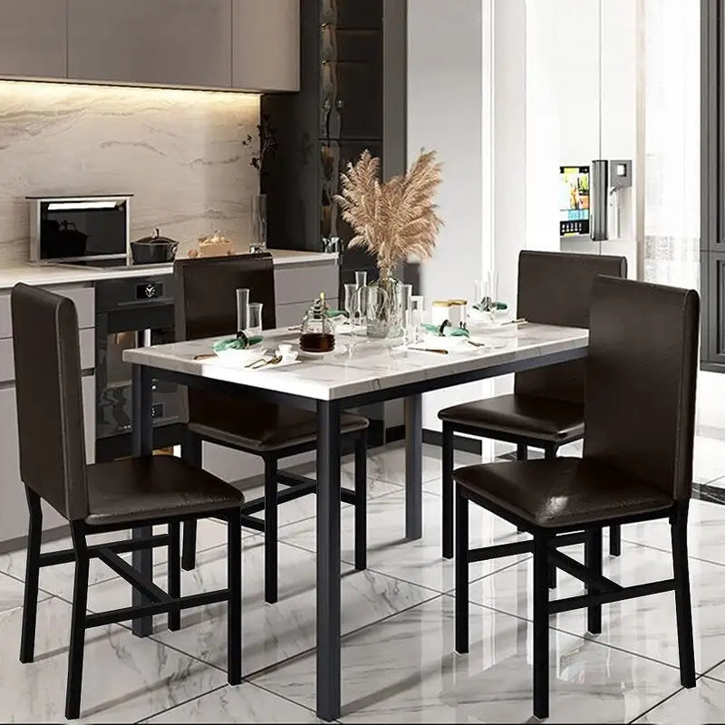 Modern Kitchen Dining Table Set for 4, Faux Marble Dining Set with 4 PU Leather Upholstered Chairs for Living Room, Kitchen