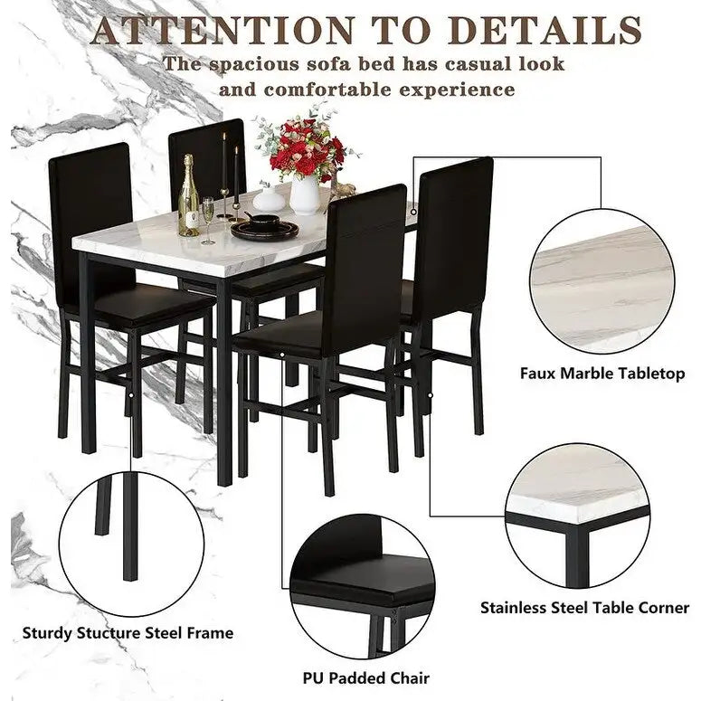 Modern Kitchen Dining Table Set for 4, Faux Marble Dining Set with 4 PU Leather Upholstered Chairs for Living Room, Kitchen