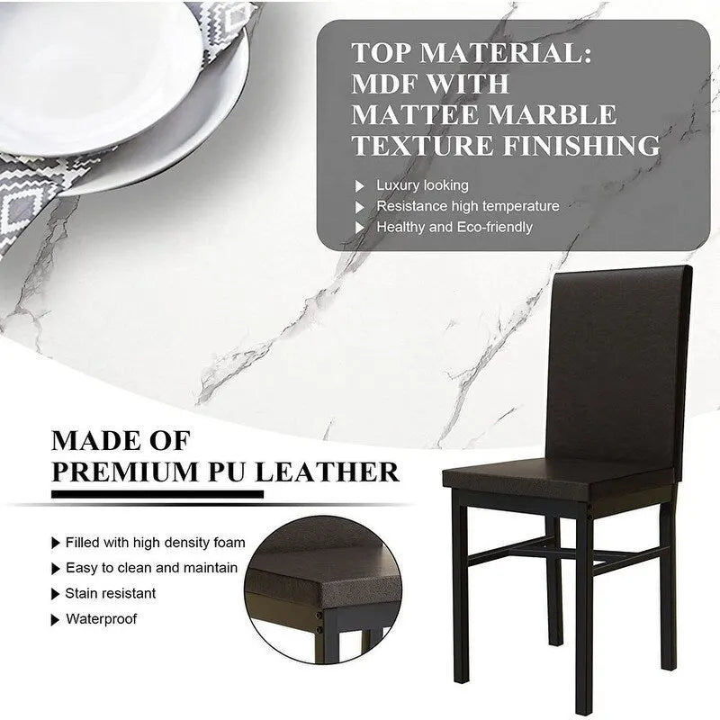 Modern Kitchen Dining Table Set for 4, Faux Marble Dining Set with 4 PU Leather Upholstered Chairs for Living Room, Kitchen