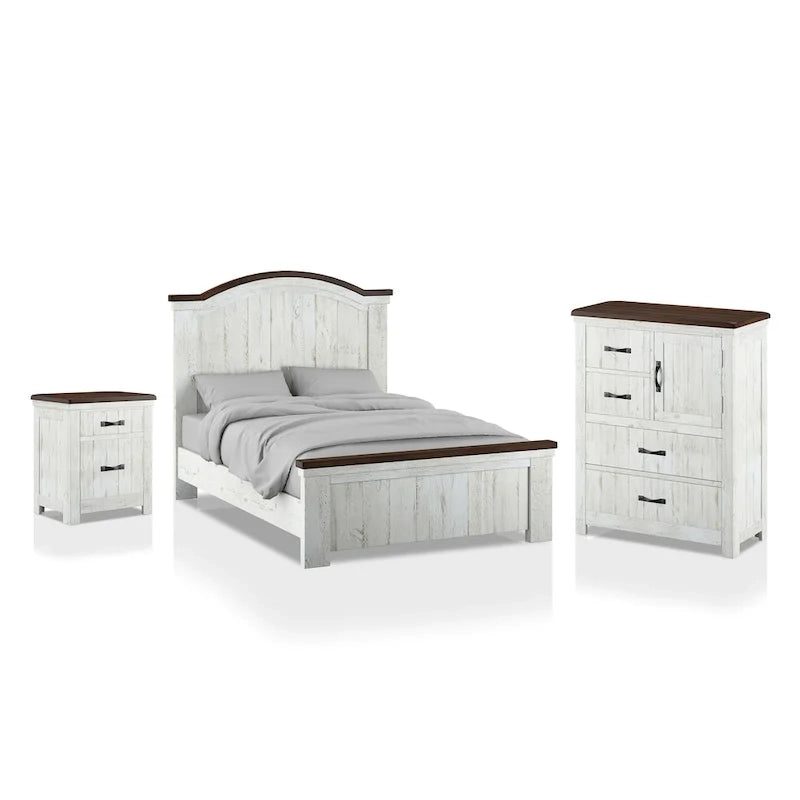 Ynez Farmhouse White Pine 3-Piece Panel Bedroom Set with USB Port by