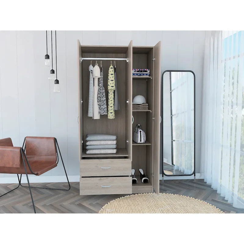 FM Furniture Eureka 3 Door Armoire with 2 Drawers, Inner Shelves, and Rod