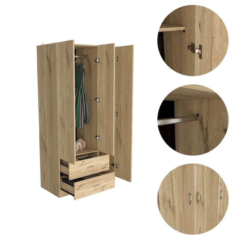 FM Furniture Eureka 3 Door Armoire with 2 Drawers, Inner Shelves, and Rod