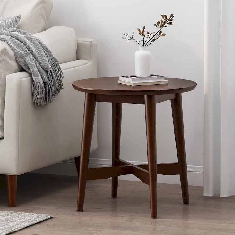 Round Mid-Century End Table - Pine Wood Legs - Faux Wood Top