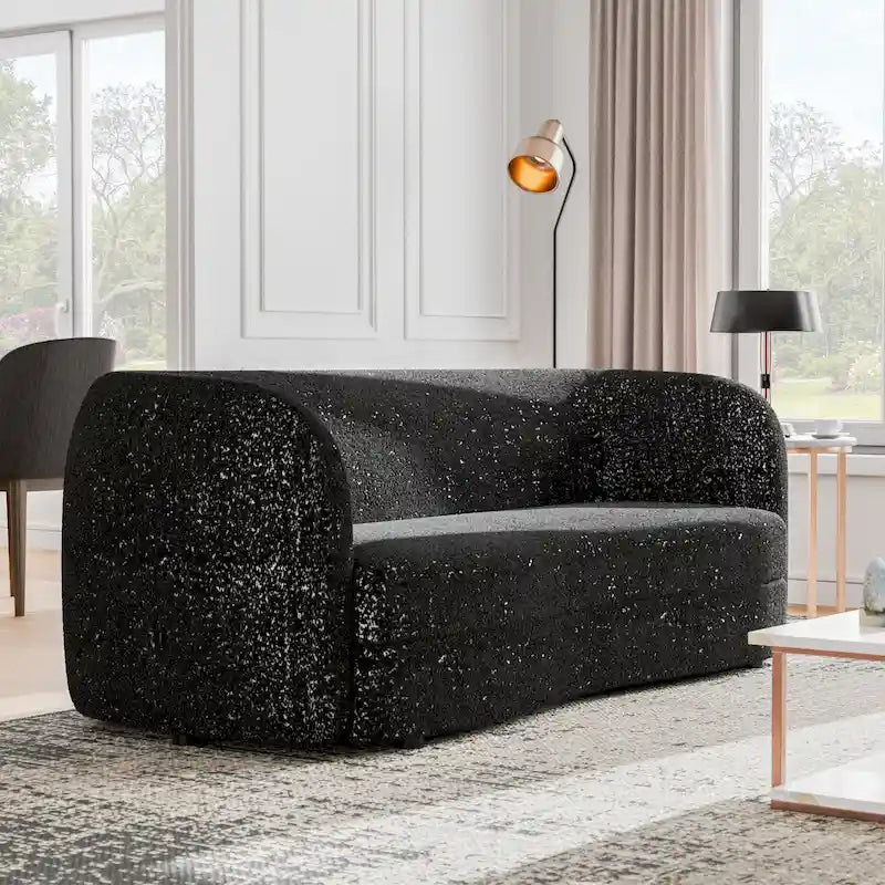 Ophelia Modern Curved Arms Boucle Sofa Couch with Kidney Style Seat and Round Wooden Legs