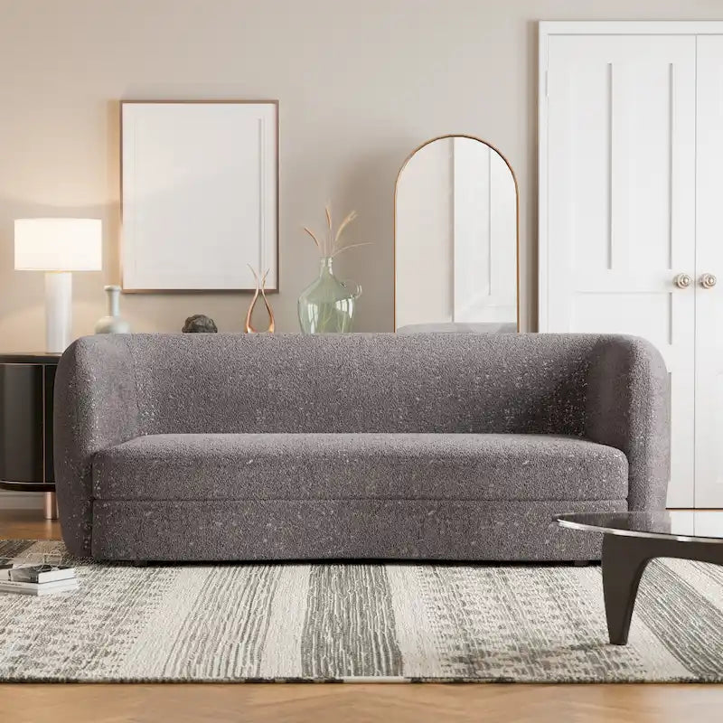 Ophelia Modern Curved Arms Boucle Sofa Couch with Kidney Style Seat and Round Wooden Legs