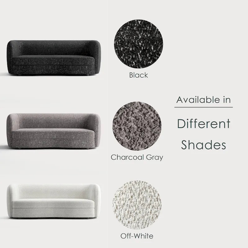Ophelia Modern Curved Arms Boucle Sofa Couch with Kidney Style Seat and Round Wooden Legs