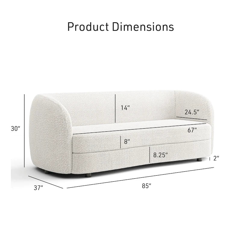 Ophelia Modern Curved Arms Boucle Sofa Couch with Kidney Style Seat and Round Wooden Legs