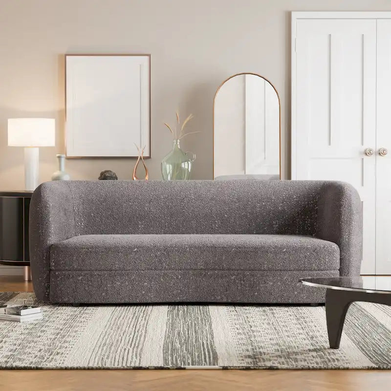 Ophelia Modern Curved Arms Boucle Sofa Couch with Kidney Style Seat and Round Wooden Legs