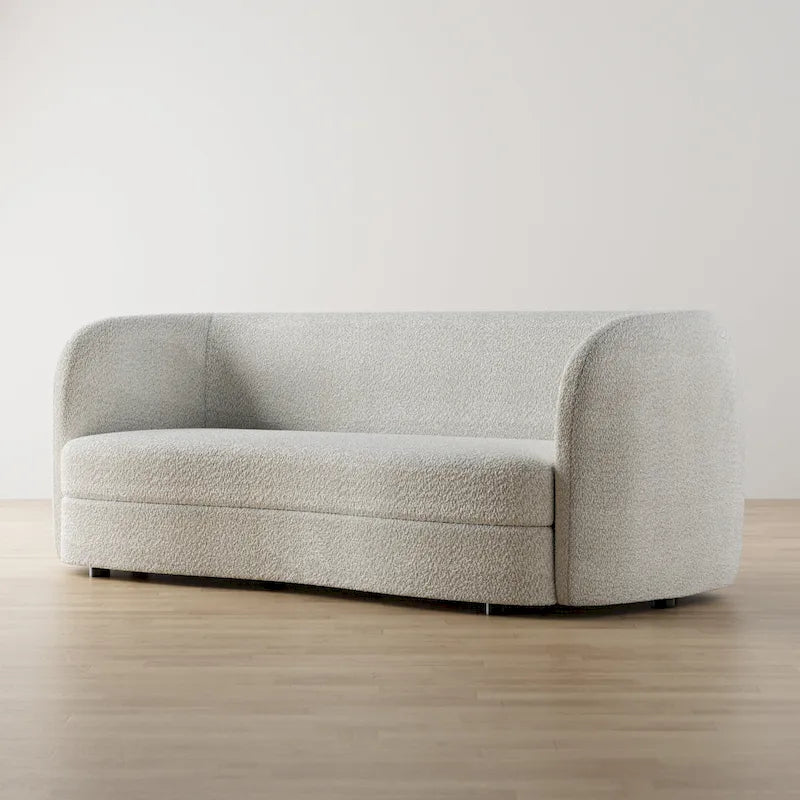 Ophelia Modern Curved Arms Boucle Sofa Couch with Kidney Style Seat and Round Wooden Legs