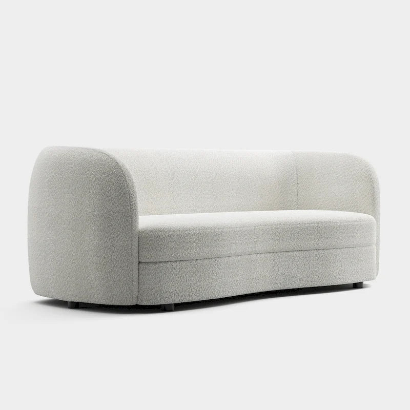 Ophelia Modern Curved Arms Boucle Sofa Couch with Kidney Style Seat and Round Wooden Legs