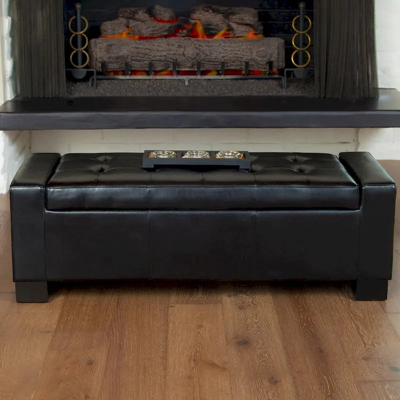 Guernsey Black Bonded Leather Storage Ottoman Bench by