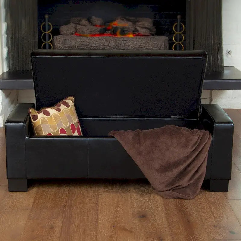 Guernsey Black Bonded Leather Storage Ottoman Bench by
