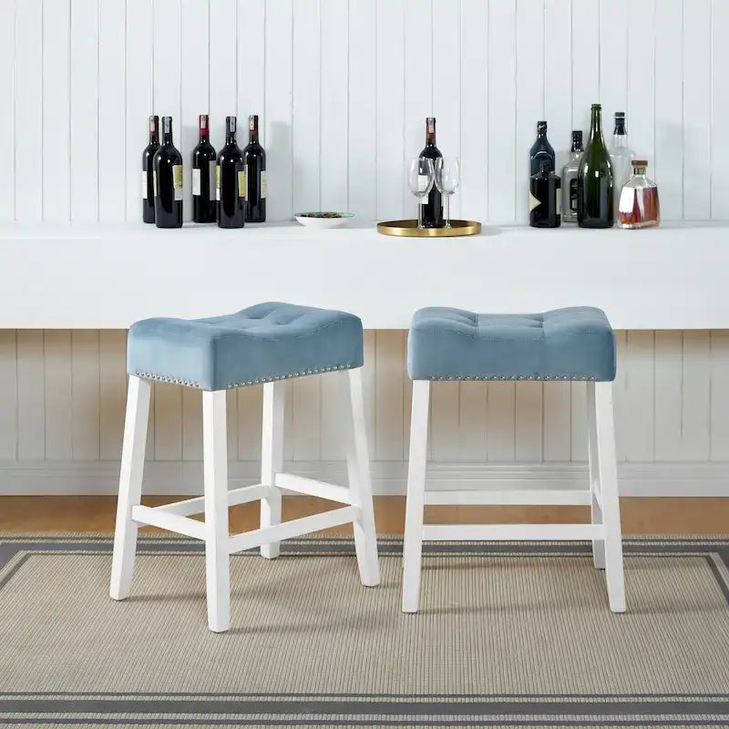 Morovo Set of 2 Velvet Counter Height Stools with Tufted Saddle Seats, White-Wash Finish