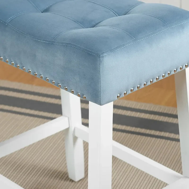 Morovo Set of 2 Velvet Counter Height Stools with Tufted Saddle Seats, White-Wash Finish