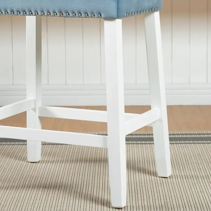 Morovo Set of 2 Velvet Counter Height Stools with Tufted Saddle Seats, White-Wash Finish