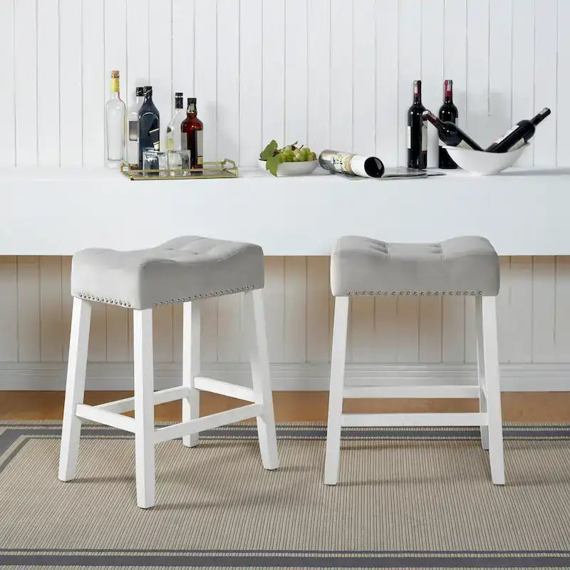 Morovo Set of 2 Velvet Counter Height Stools with Tufted Saddle Seats, White-Wash Finish