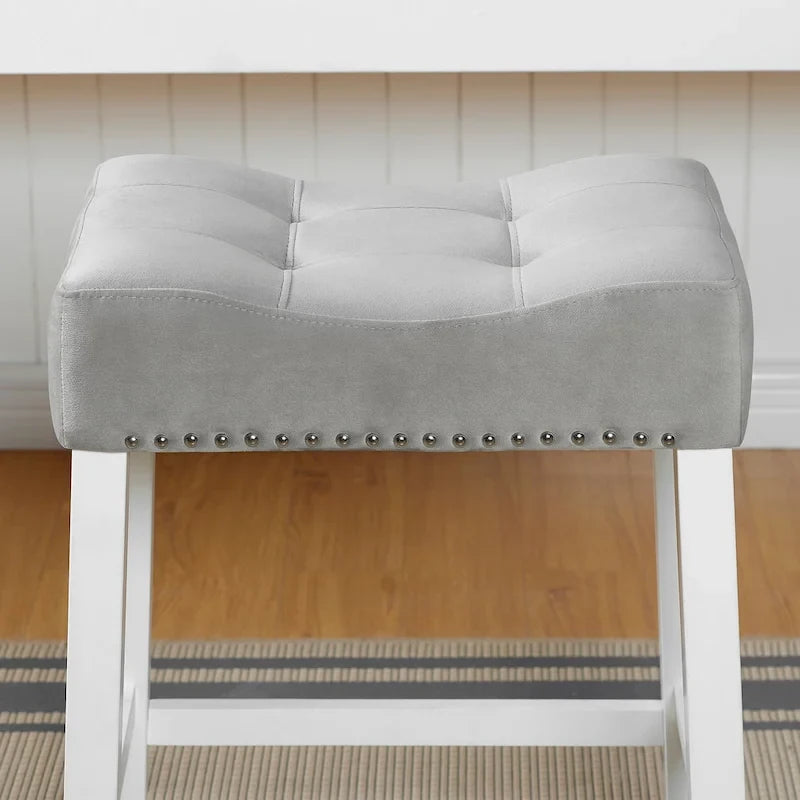Morovo Set of 2 Velvet Counter Height Stools with Tufted Saddle Seats, White-Wash Finish