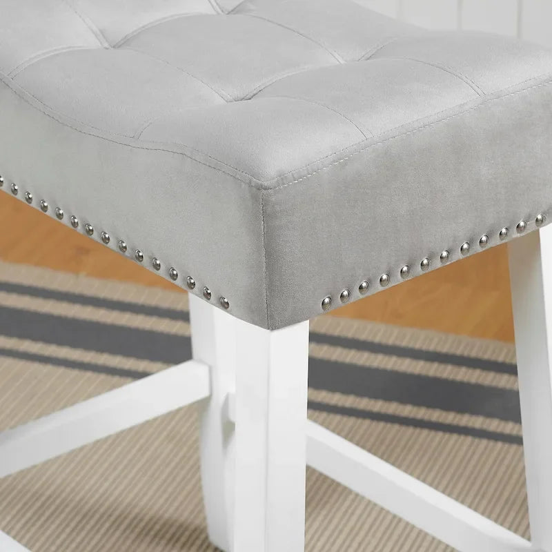 Morovo Set of 2 Velvet Counter Height Stools with Tufted Saddle Seats, White-Wash Finish