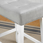 Morovo Set of 2 Velvet Counter Height Stools with Tufted Saddle Seats, White-Wash Finish