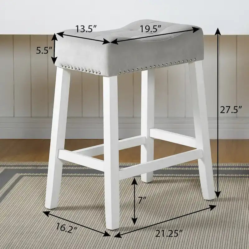 Morovo Set of 2 Velvet Counter Height Stools with Tufted Saddle Seats, White-Wash Finish