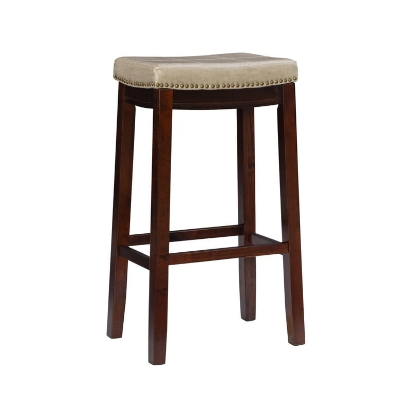 Beige Faux Leather Backless Bar Stool - Dark Brown Wood - 275lb Capacity