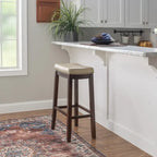 Beige Faux Leather Backless Bar Stool - Dark Brown Wood - 275lb Capacity