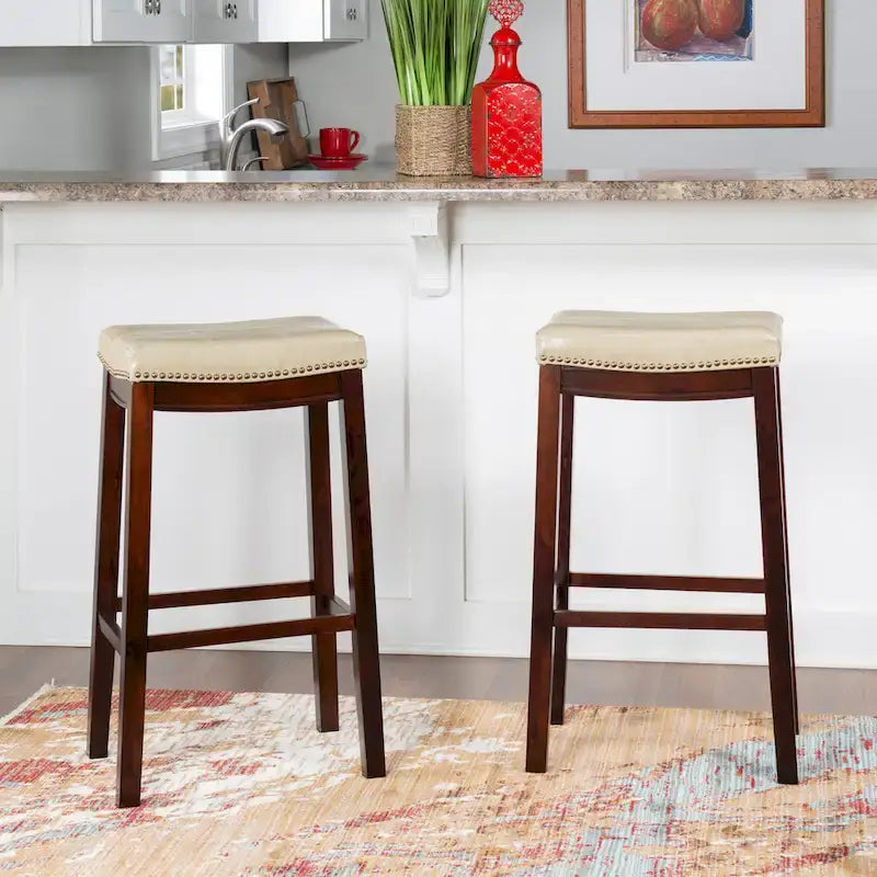 Beige Faux Leather Backless Bar Stool - Dark Brown Wood - 275lb Capacity