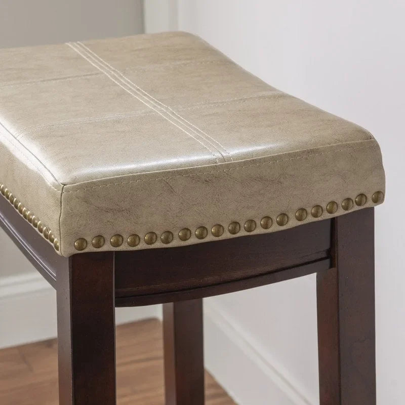 Beige Faux Leather Backless Bar Stool - Dark Brown Wood - 275lb Capacity