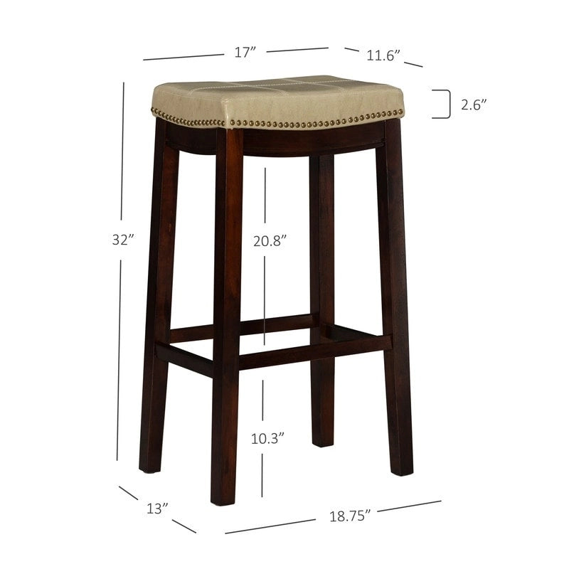 Beige Faux Leather Backless Bar Stool - Dark Brown Wood - 275lb Capacity