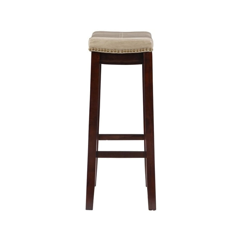 Beige Faux Leather Backless Bar Stool - Dark Brown Wood - 275lb Capacity