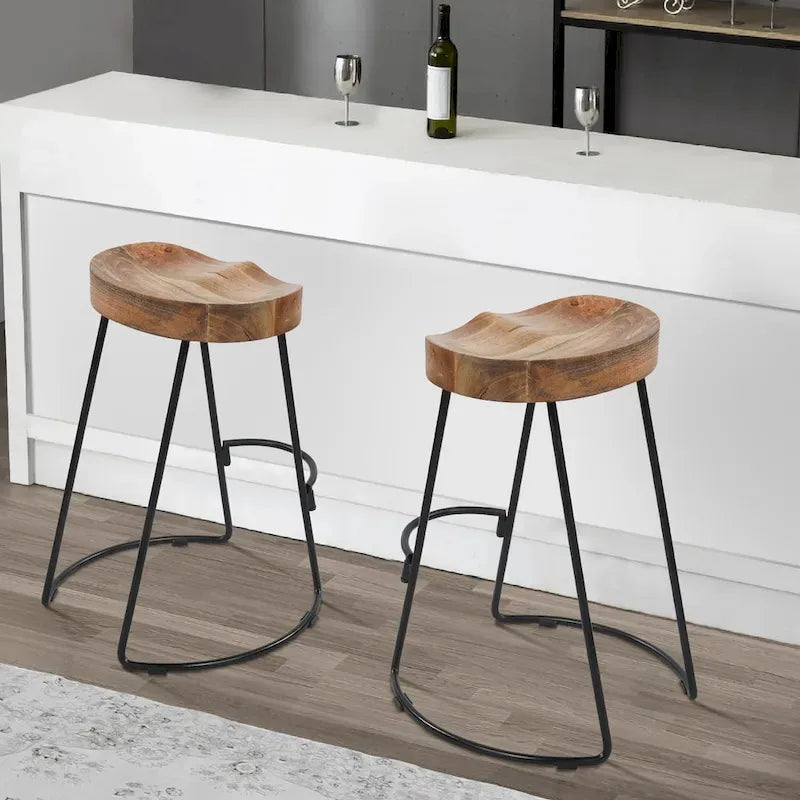24 Inch Handcrafted Backless Barstool, Natural Brown Mango Wood Thick Saddle Seat, Black Iron Base