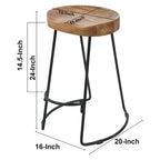 24 Inch Handcrafted Backless Barstool, Natural Brown Mango Wood Thick Saddle Seat, Black Iron Base