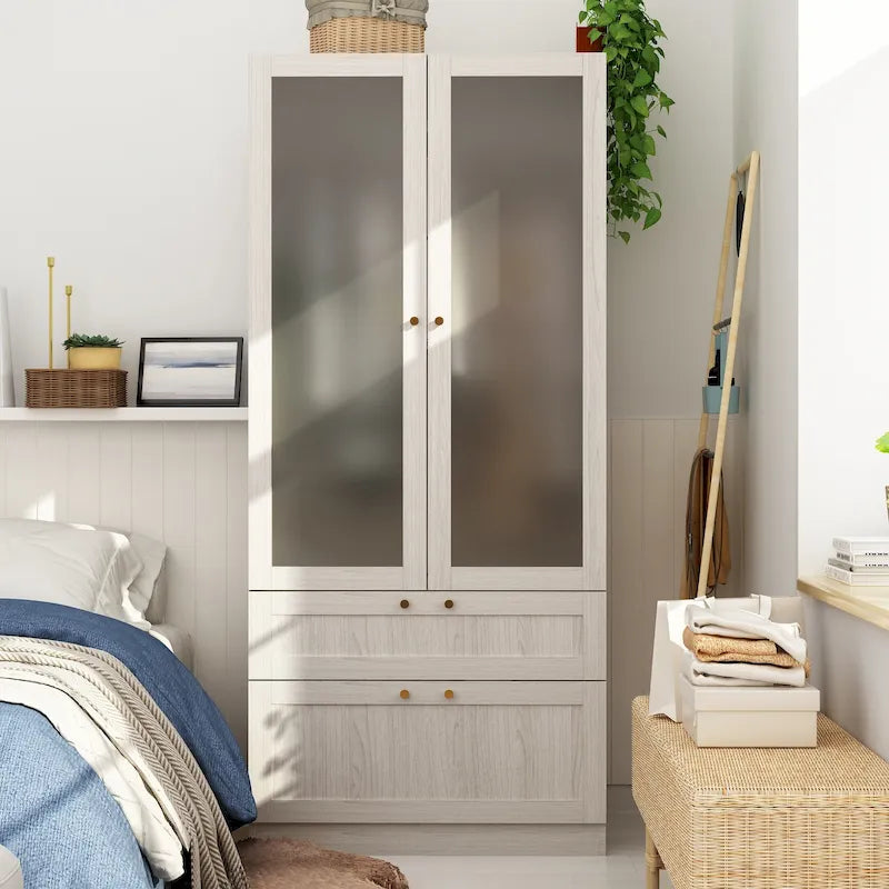 Light Gray Wardrobe - Frosted Glass Doors - Gold Handles - Soft-Close Hinges