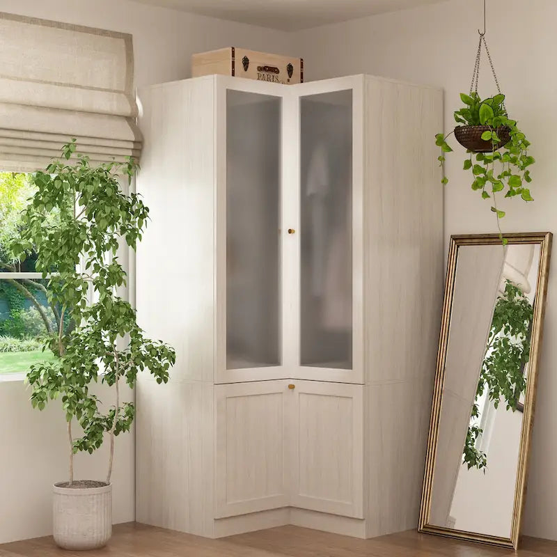 Light Gray Wardrobe - Frosted Glass Doors - Gold Handles - Soft-Close Hinges