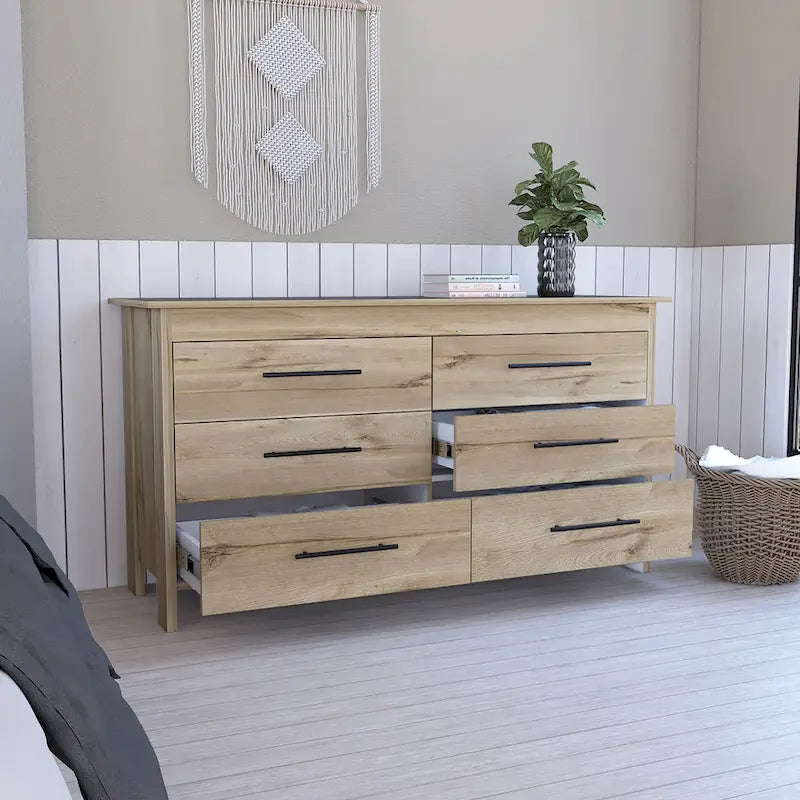 FM Furniture Luxor 6 Drawer Double Dresser with Roller Guides, Metal Pulls and 4 Legs