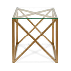 Dixon Geometric X-Base Metal & Glass Side Table in Golden Brass Finish