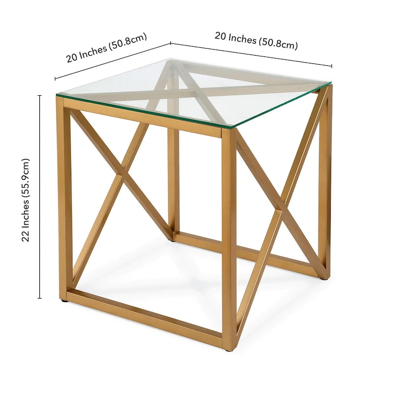 Dixon Geometric X-Base Metal & Glass Side Table in Golden Brass Finish