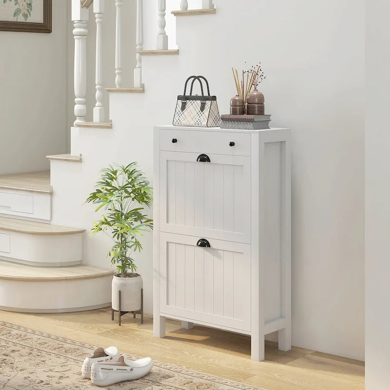 HOMCOM Shoe Cabinet, Freestanding Shoe Storage Cabinet Organizer with 2 Flip Drawers, Adjustable Shelves