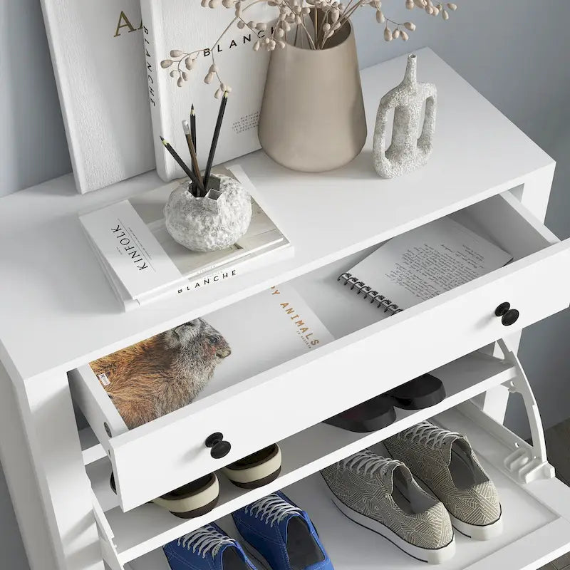 HOMCOM Shoe Cabinet, Freestanding Shoe Storage Cabinet Organizer with 2 Flip Drawers, Adjustable Shelves