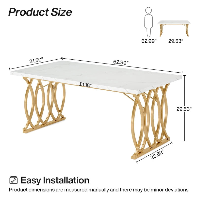 Modern Dining Table for 4-6 People, 63 Large Kitchen Table with Faux Marble Tabletop